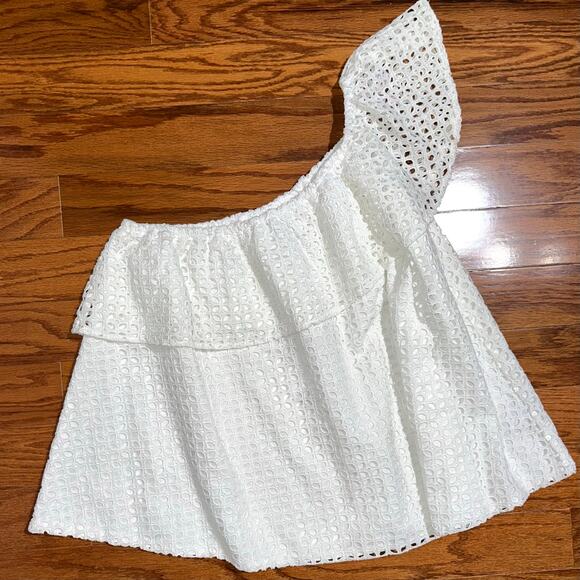 NWT Lauren James White Reagan Eyelet Ruffle One Shoulder Top Size Small - Picture 2 of 11